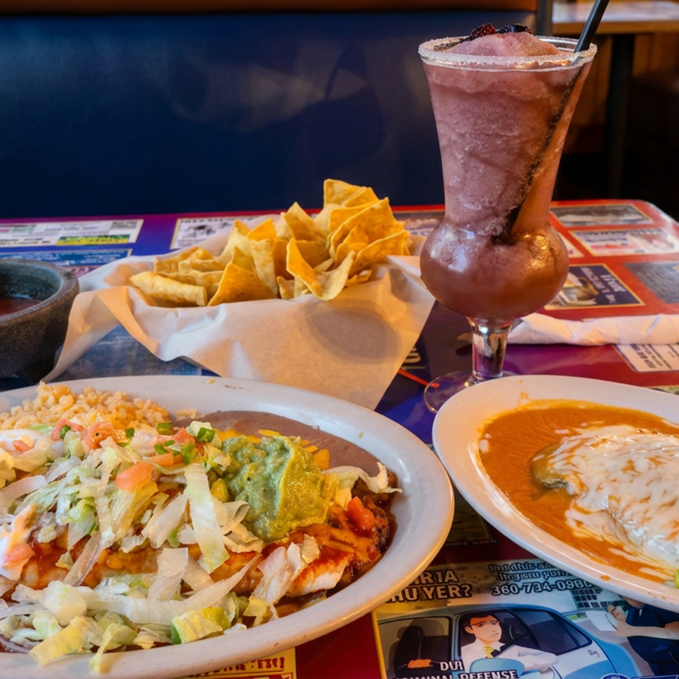 Mexican meal with topped enchiladas, rice, beans, chips and salsa, plus a frozen pink drink on a colorful restaurant table.