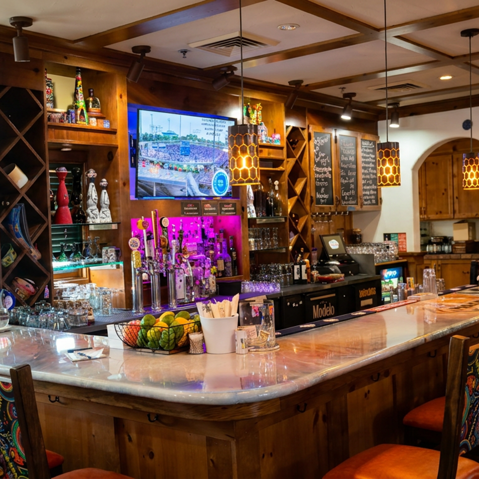 Warmly lit restaurant bar with patterned chairs, colorful liquor shelves, beer taps, chalkboard menus, and a television.