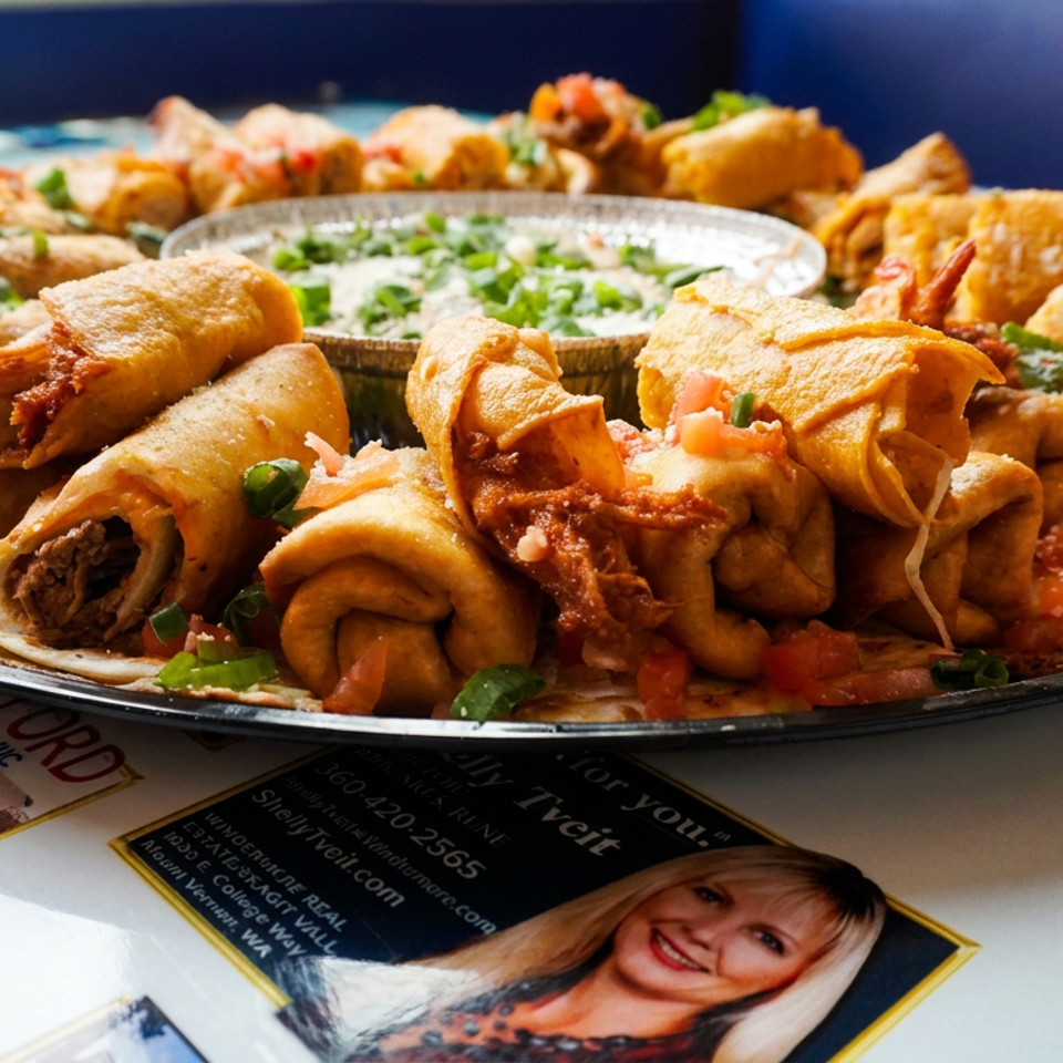 Large platter of golden fried taquitos and enchiladas with salsa, herbs, and creamy green sauce.