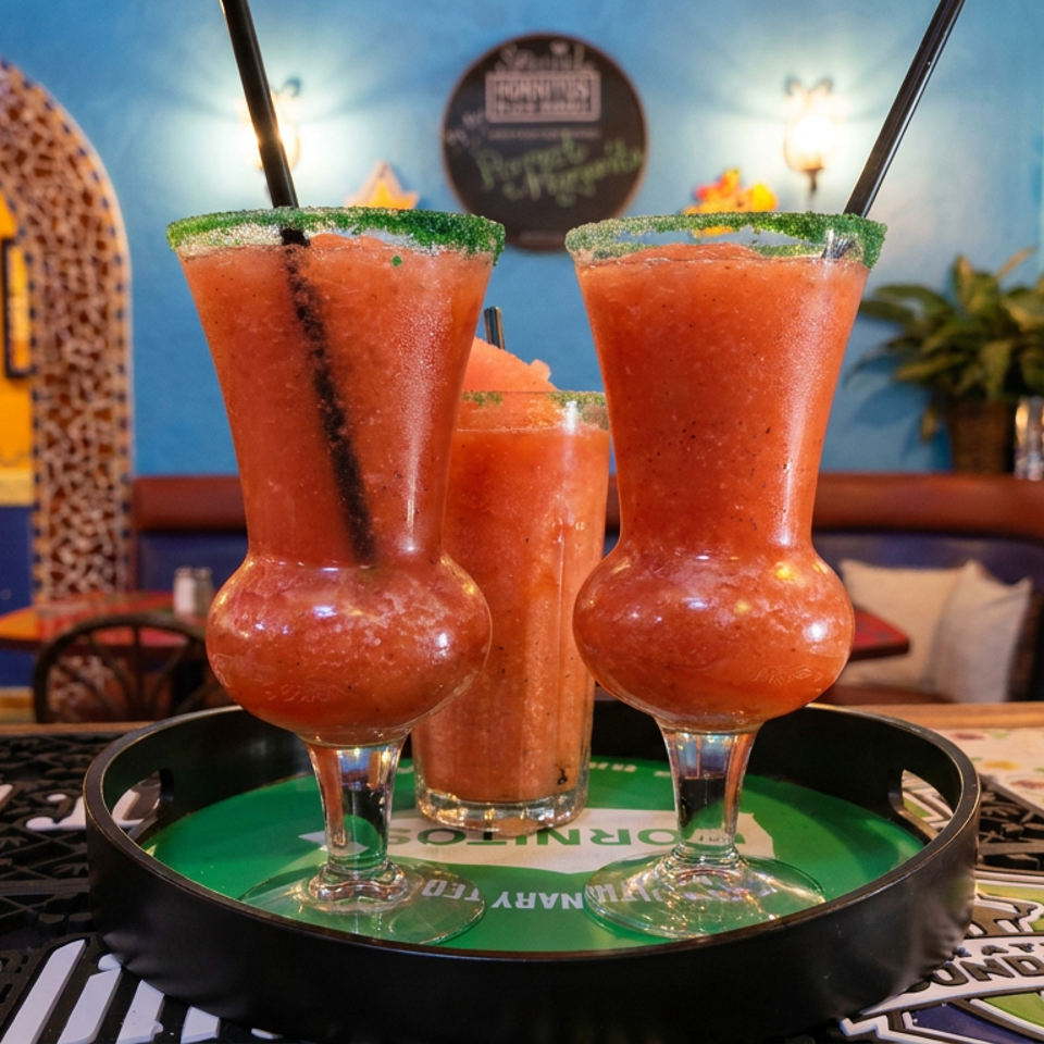 Three red frozen cocktails with green sugar rims and straws sit on a branded tray inside a colorful restaurant.