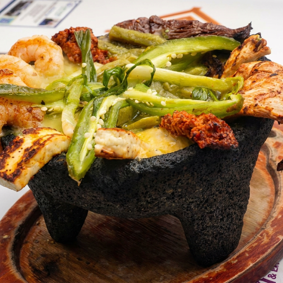 Black stone bowl piled with grilled shrimp, chicken, meat, vegetables, and spicy toppings on a wooden serving board.
