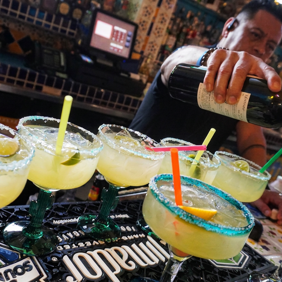 Bartender holds a wine bottle behind a row of lime-garnished, salt-rimmed margaritas with colorful straws at a lively bar.