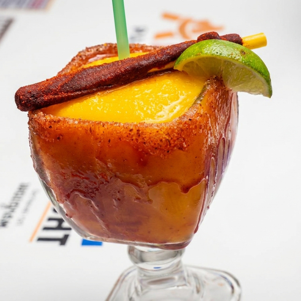Spicy orange cocktail in a chili-rimmed glass, garnished with a lime wedge, chili-covered stick, and green straw.
