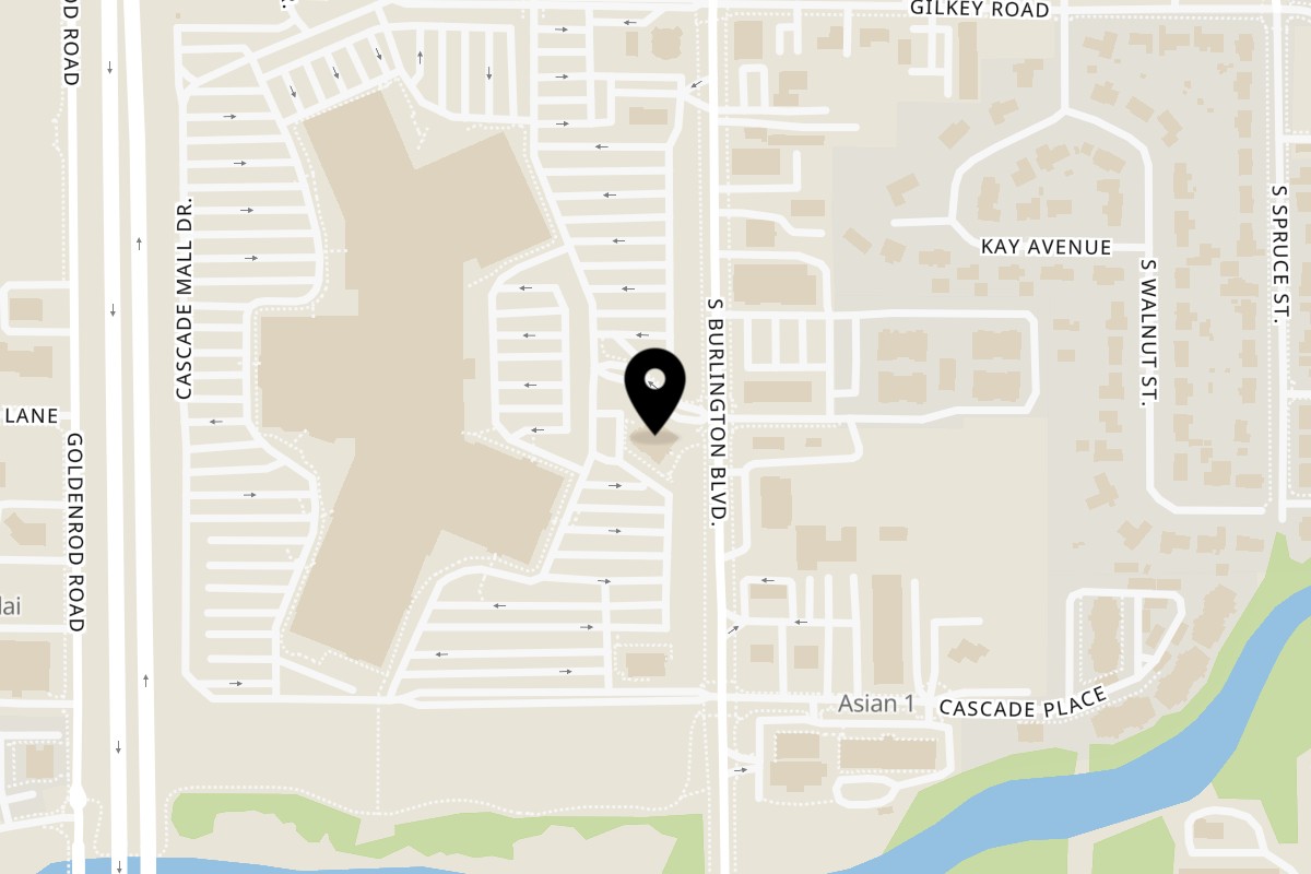 Map showing the location of Tepic Mexican Restaurant on 150 Cascade Mall Dr in Burlington
